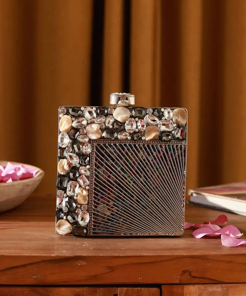 Black beaded embellished brass clutch