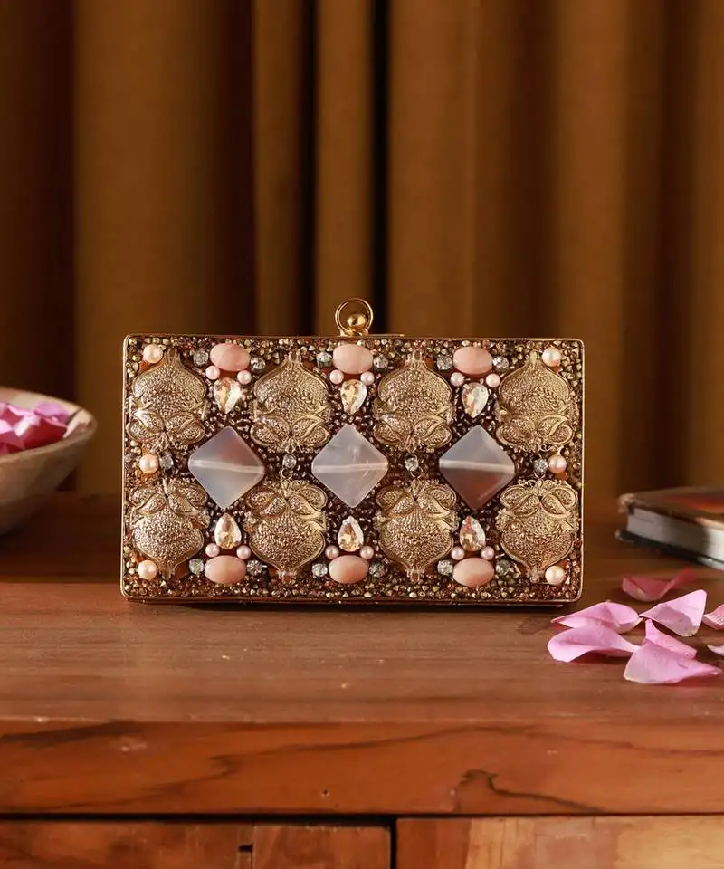Gold embellished brass clutch with bead work