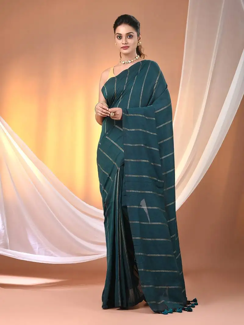 Teal cotton handspun soft saree with stripe pattern