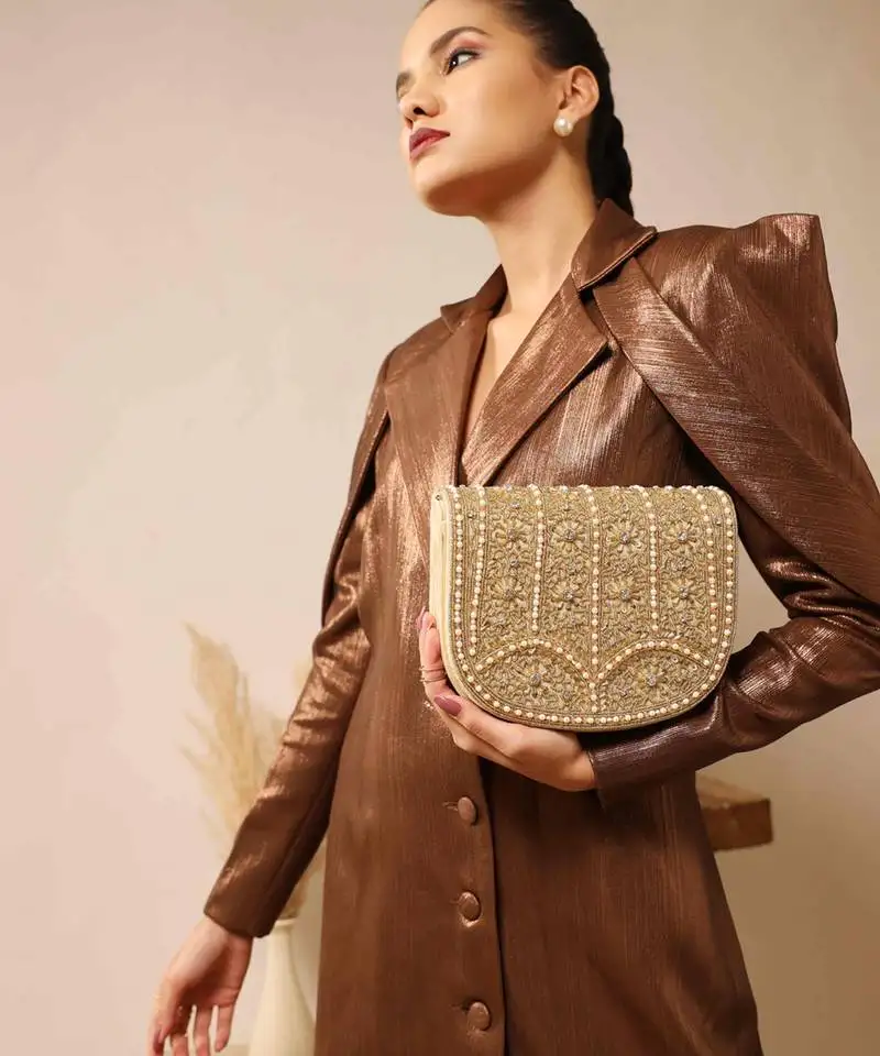 Beige suede flap over bag with handle