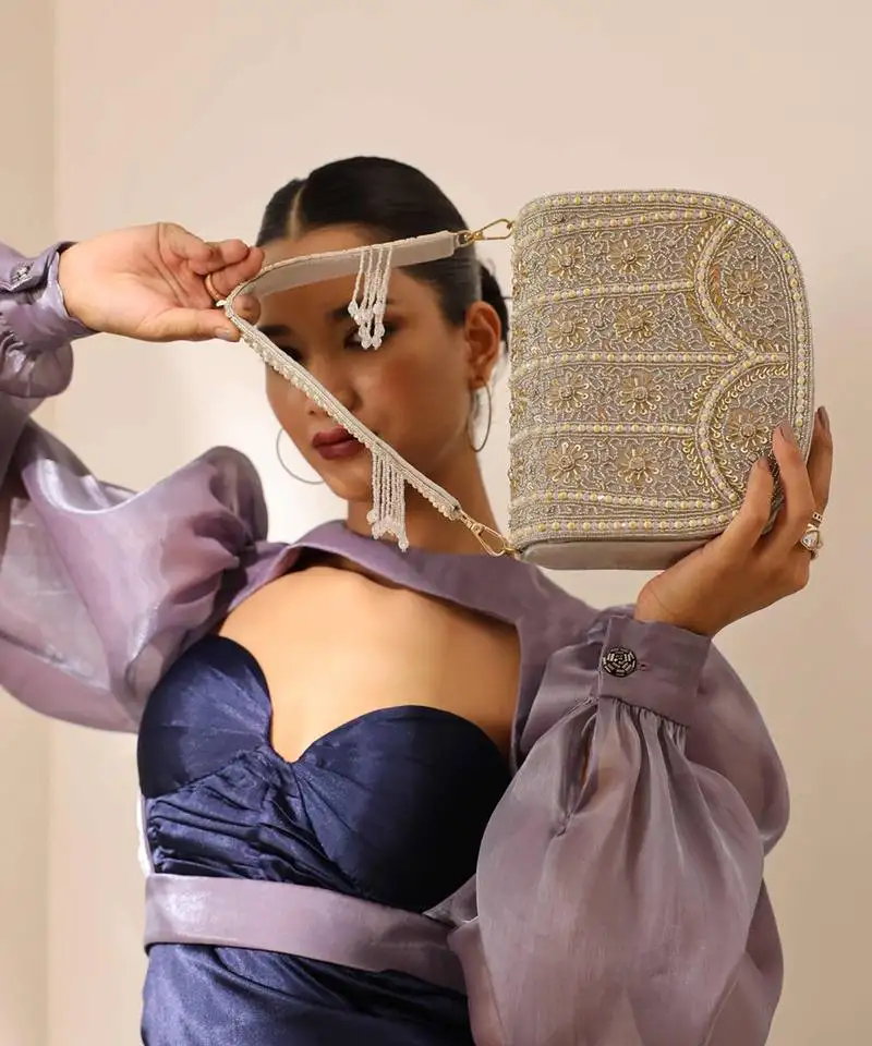 Grey suede grey flap over bag with handle