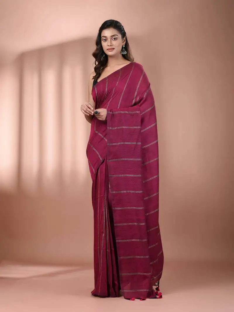 Magenta cotton handspun soft saree with stripe pattern