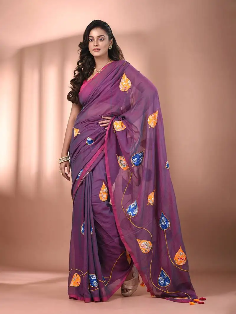 Lilac dual tone mulmul cotton soft saree with applique work without blouse