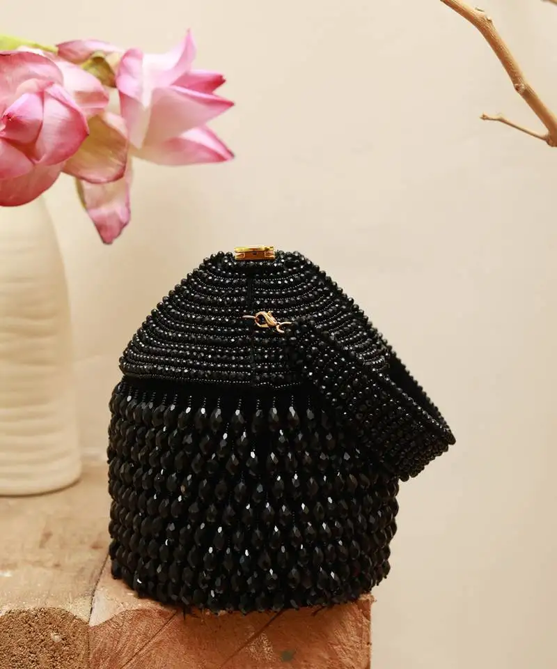 Suede black round embellished bag with handle