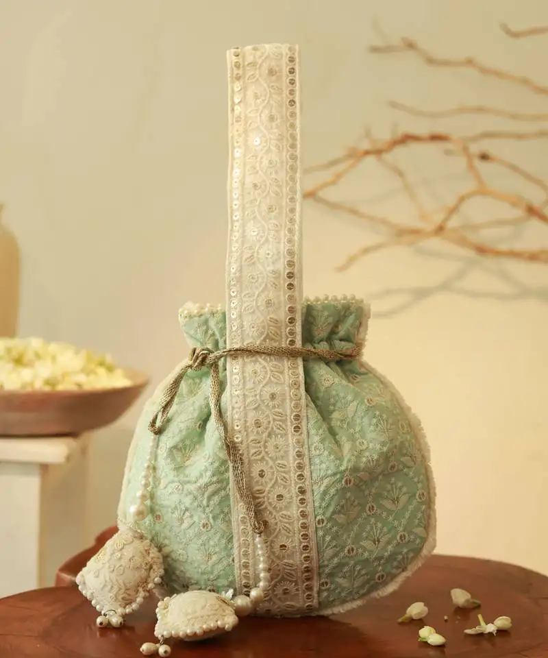 Blue silk potli bag with handle