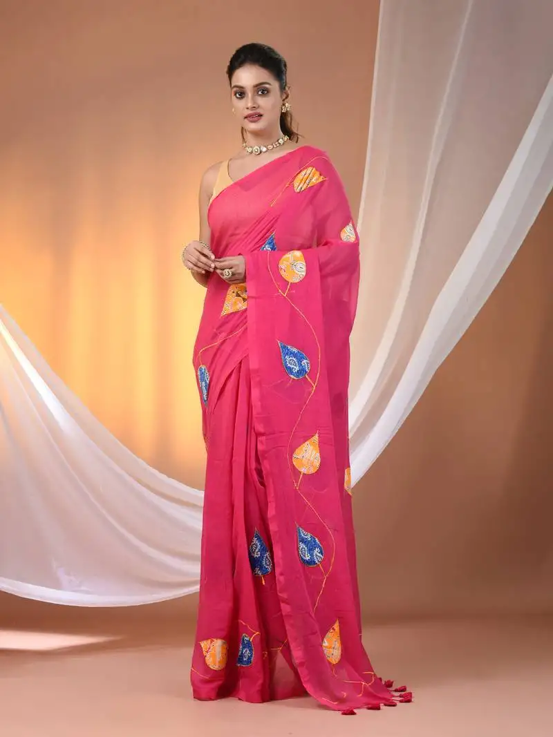 Pink mulmul cotton soft saree with applique work without blouse