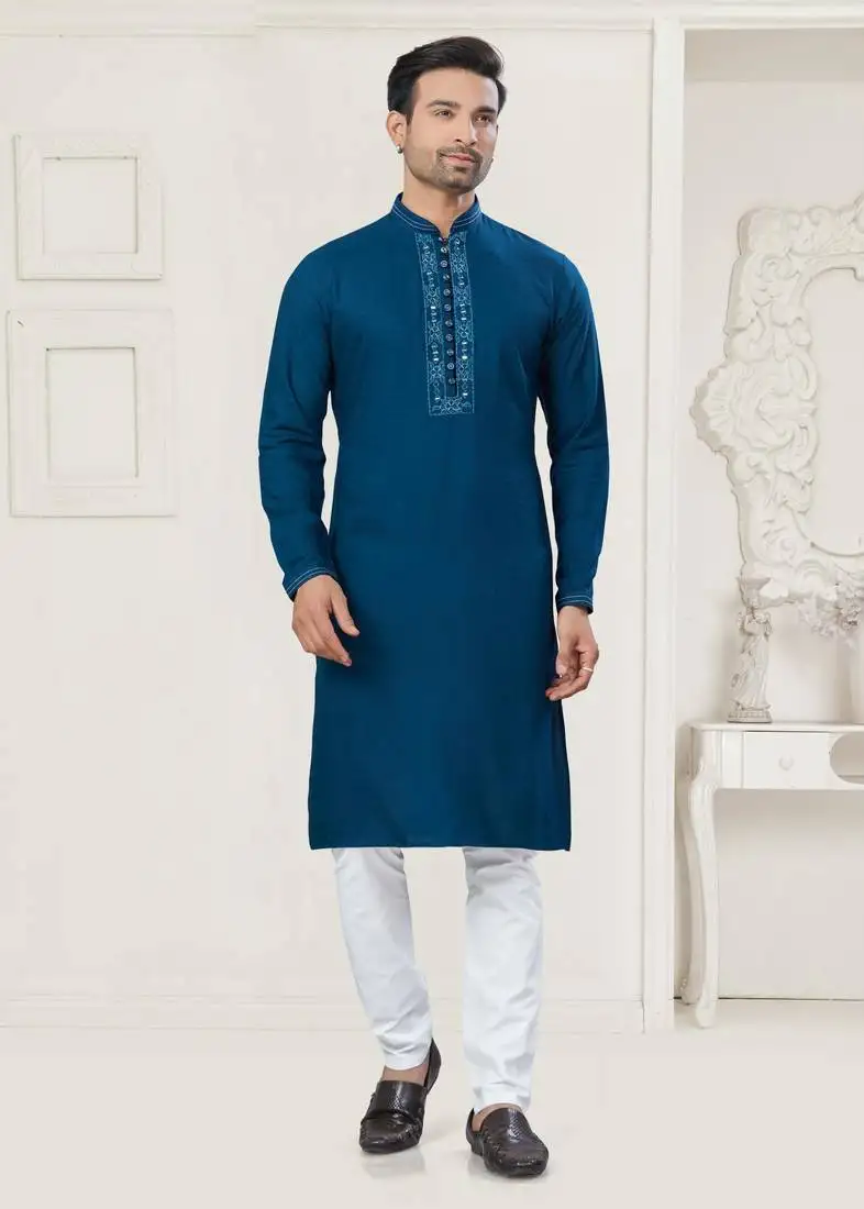Navy blue pure cotton embroidery and pintex work kurta pyjama mens wear