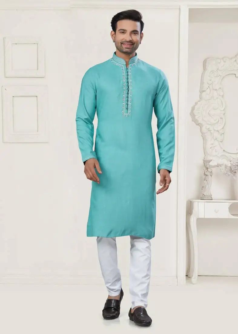 Sky blue pure cotton embroidery and pintex work kurta pyjama mens wear