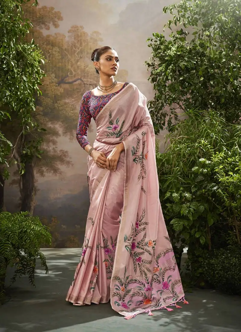 Baby pink tissue hand brush print saree with kalamkari blouse