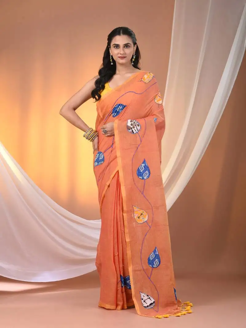 Orange mulmul cotton soft saree with applique work without blouse