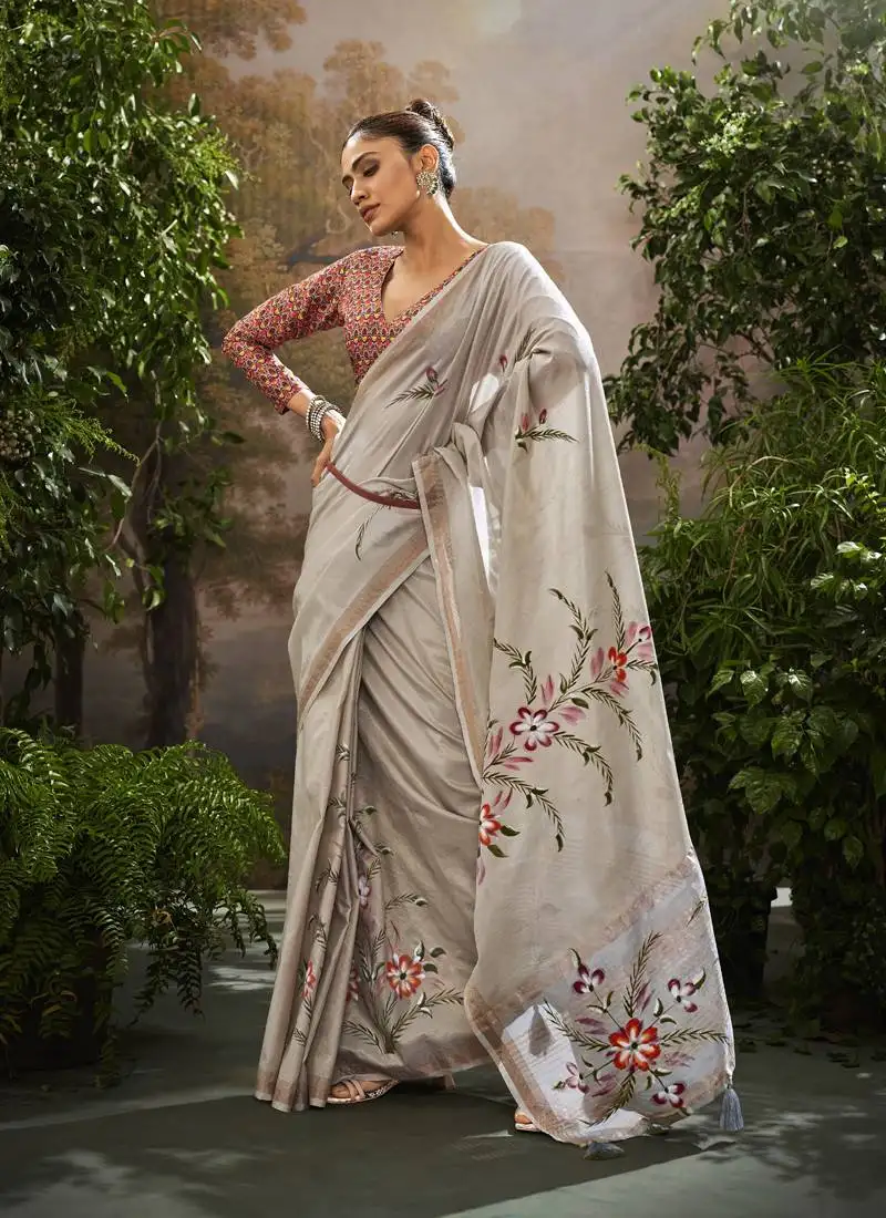 Gray tissue hand brush print saree with kalamkari blouse