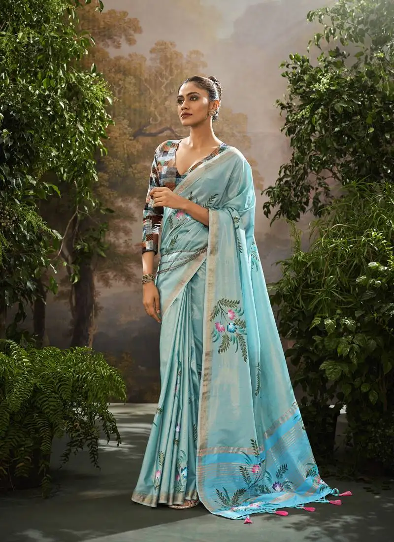 Sky blue tissue hand brush print saree with kalamkari blouse