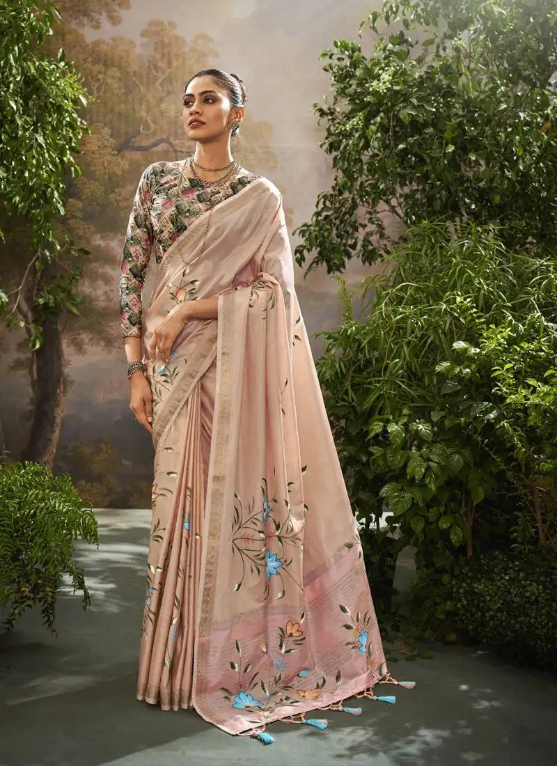 Light peach tissue hand brush print saree with kalamkari blouse