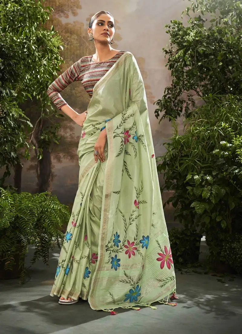 Pista tissue hand brush print saree with kalamkari blouse