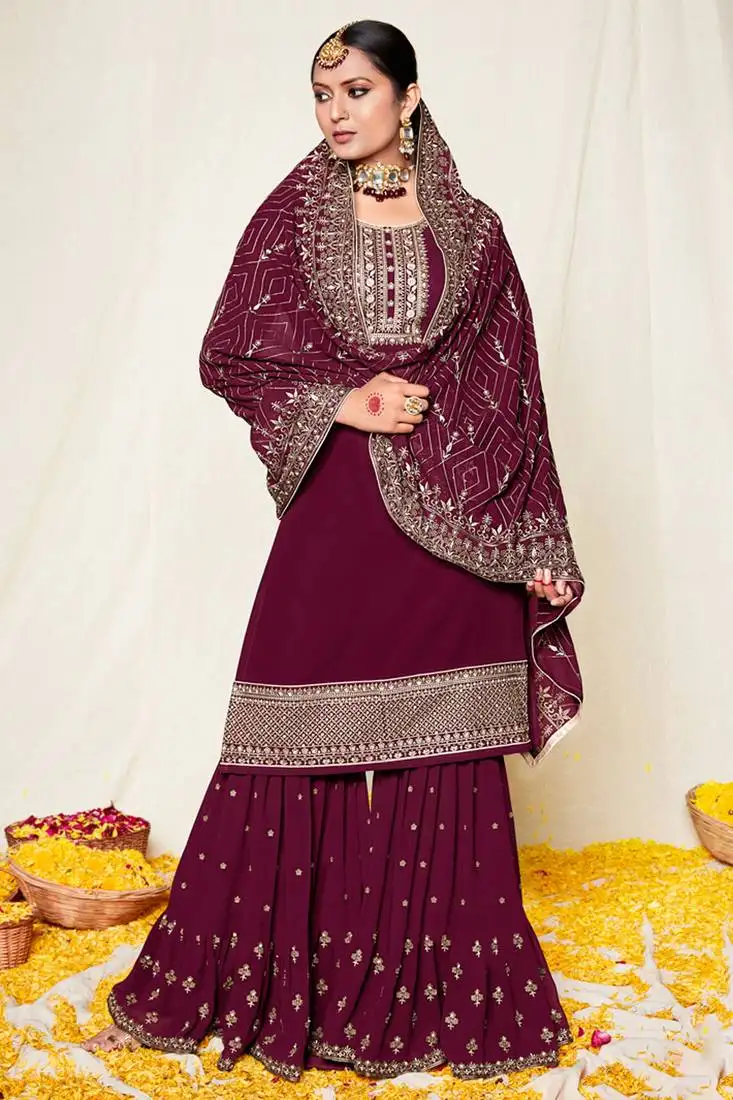 Wine embroidered & sequins work georgette anarkali sharara suit - free size stitching(size upto 42") stitched