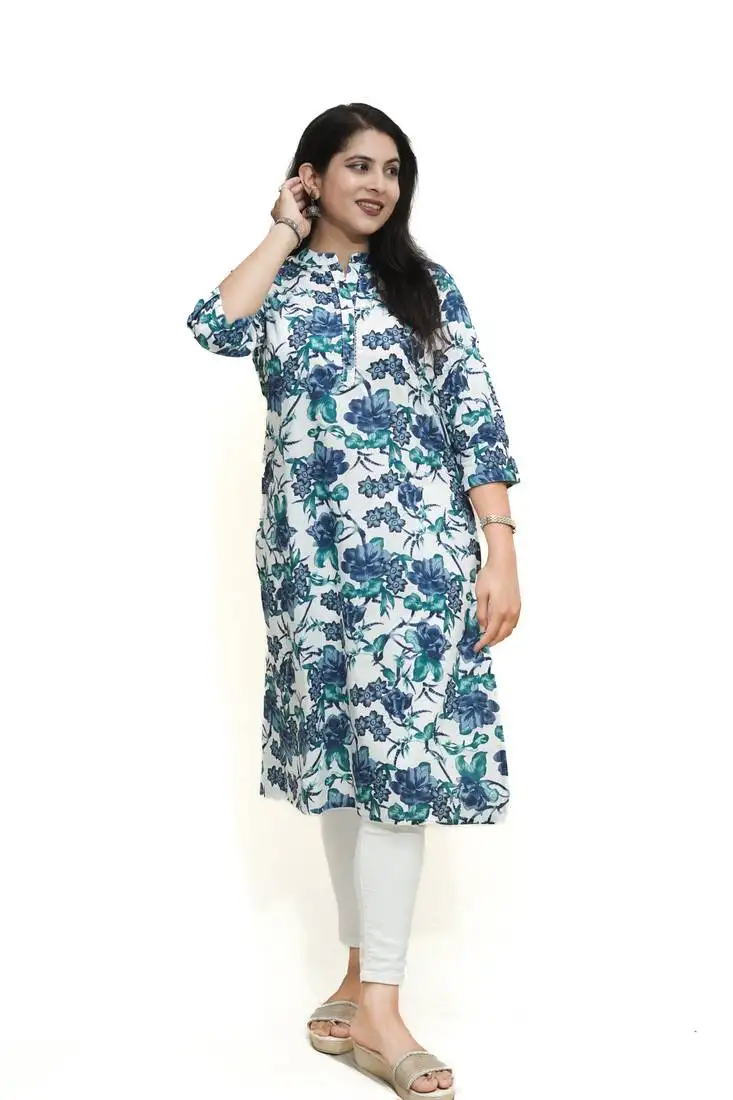 Women's pure cotton straight white::Blue floral printed embellished kurta
