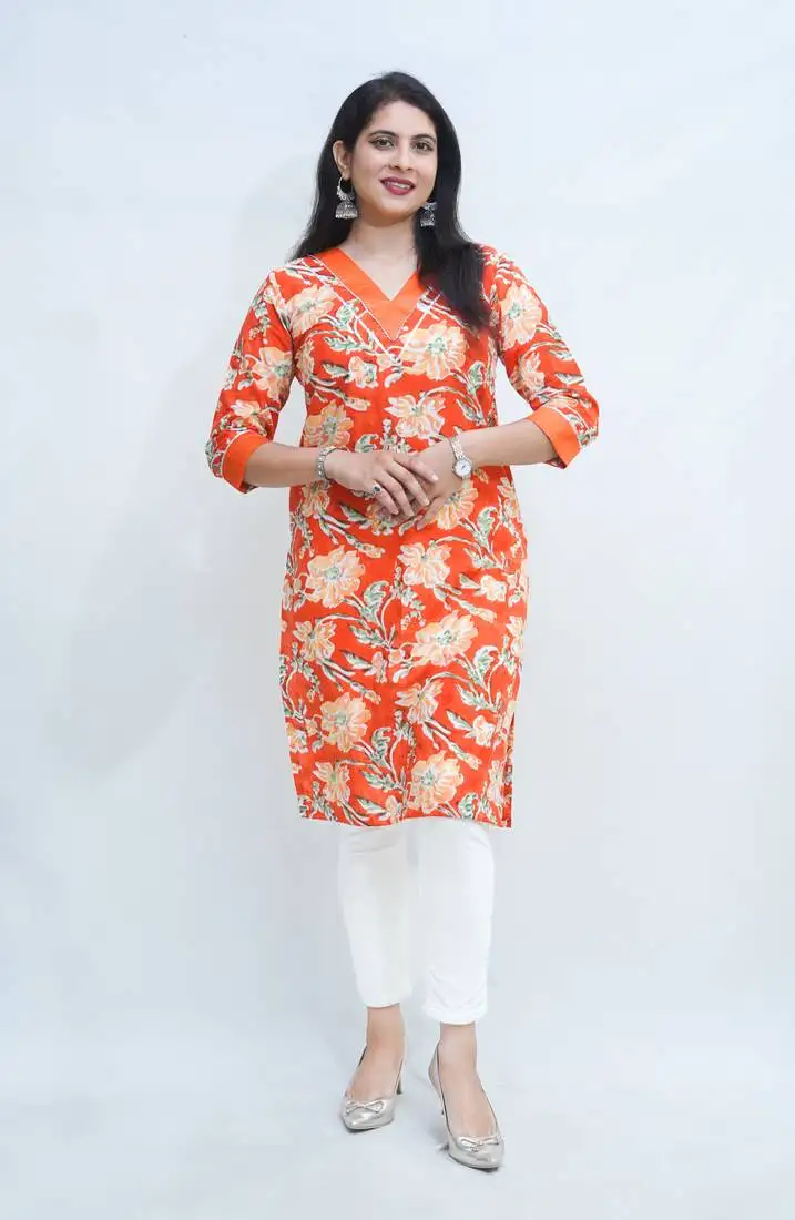 Women's pure cotton hand block floral printed orange kurta