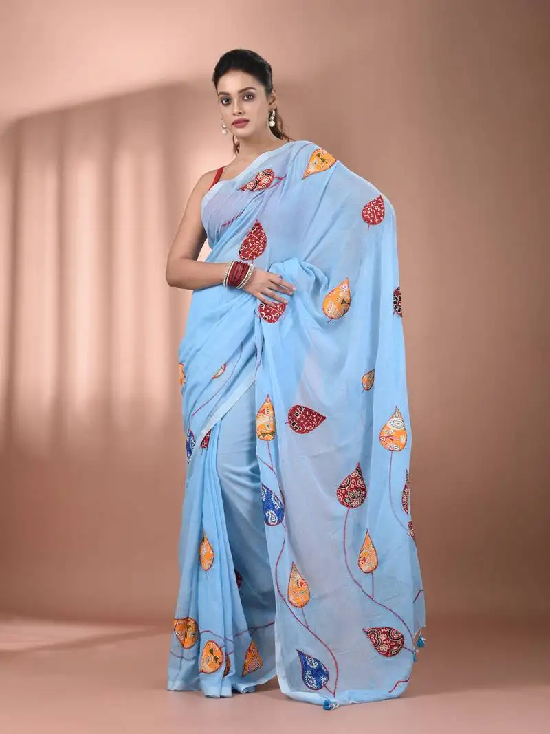 Sky blue mulmul cotton soft saree with applique work without blouse