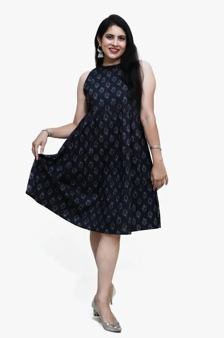 Women's pure cotton printed black fusion kurta::Dress