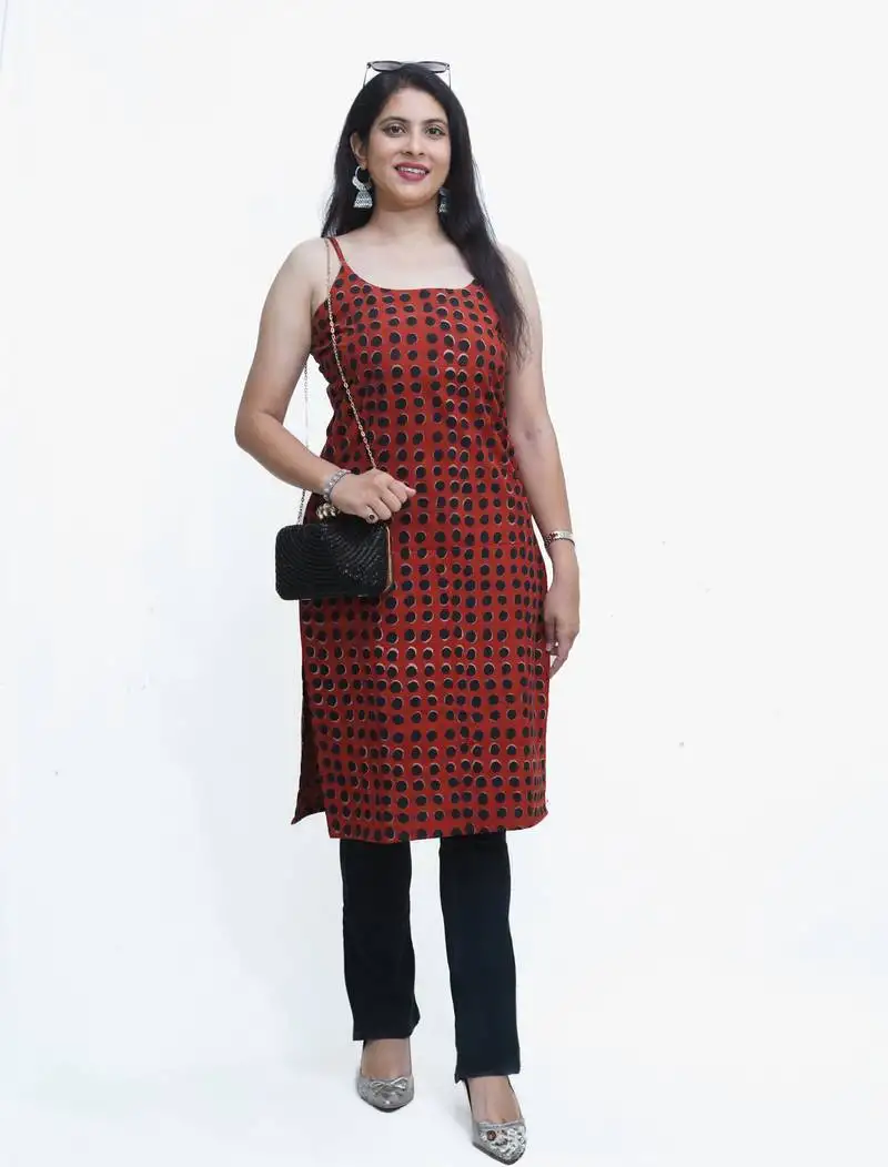 Women's pure cotton hand block printed rust ::Black fusion kurta