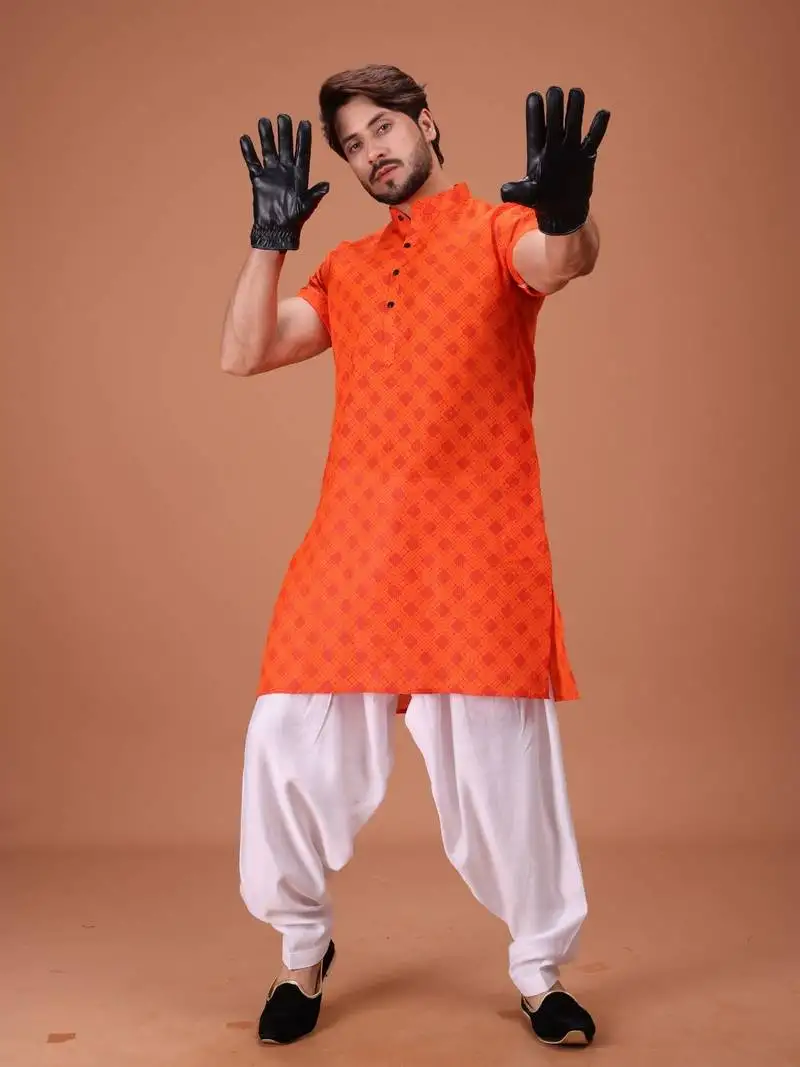 Orange cotton half sleeves pathani set for mens