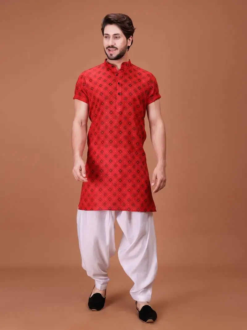 Red cotton half sleeves pathani set for mens