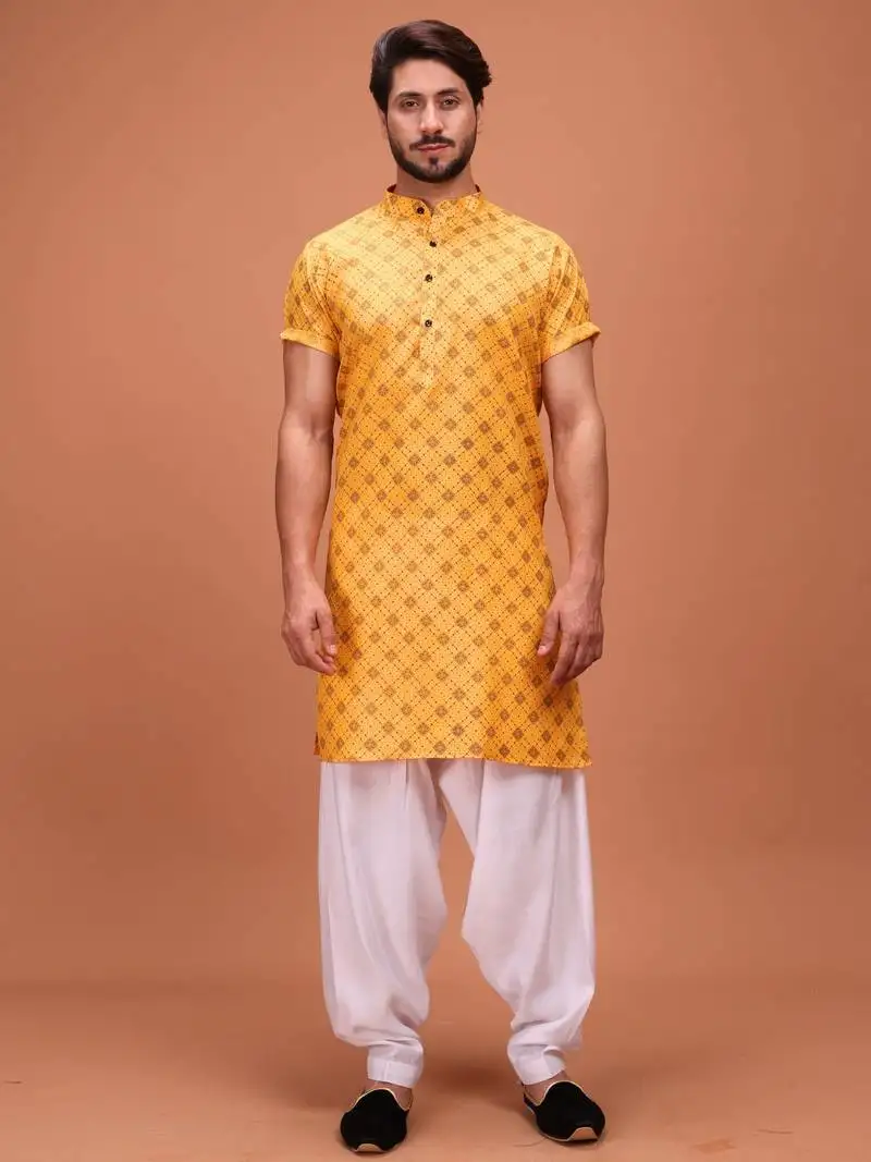 Yellow cotton half sleeves pathani set for mens