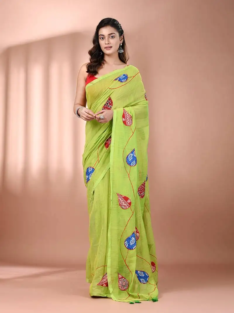 Parrot green mulmul cotton soft saree with applique work without blouse
