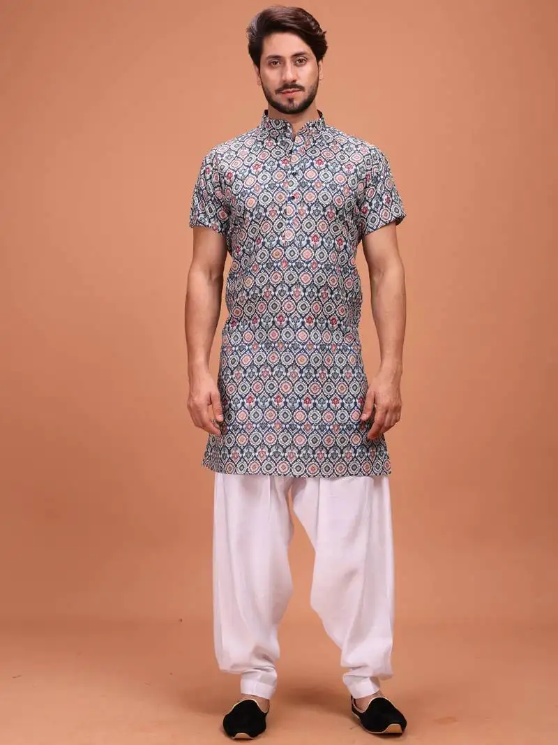 Grey cotton half sleeves pathani set for mens