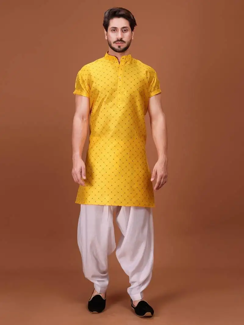 Yellow silk half sleeves pathani set for mens