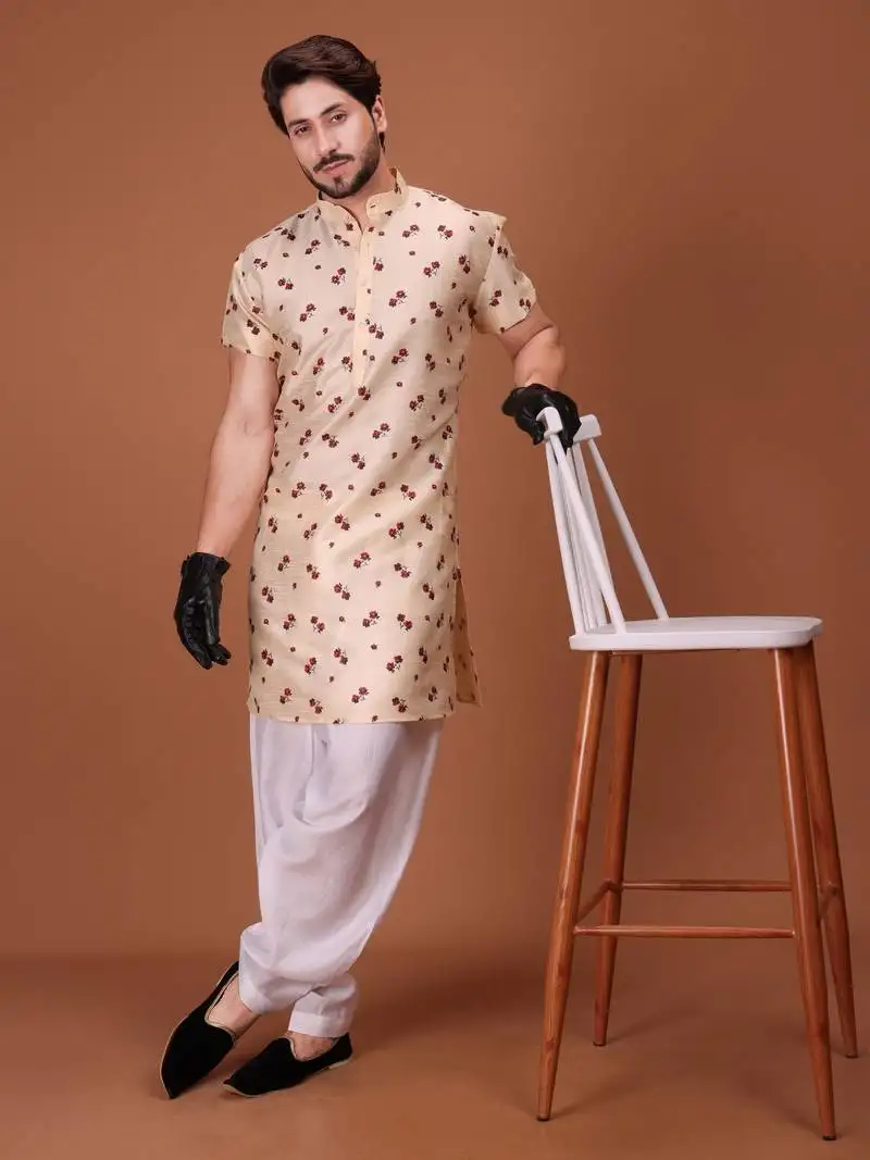 Beige silk half sleeves pathani set for mens