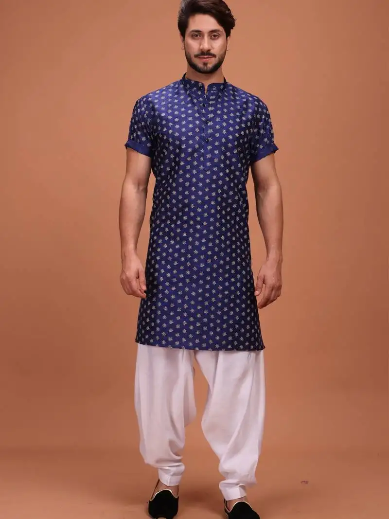 Blue silk half sleeves pathani set for mens