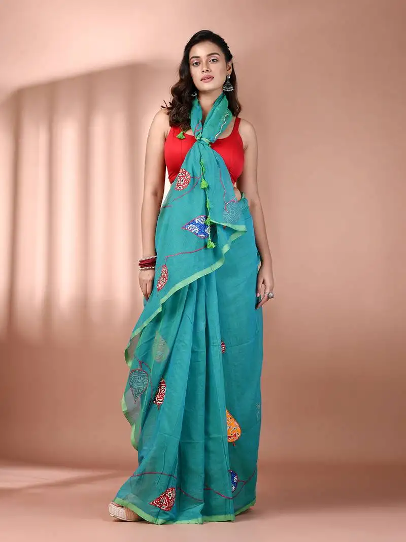 Sea green mulmul cotton soft saree with applique work without blouse