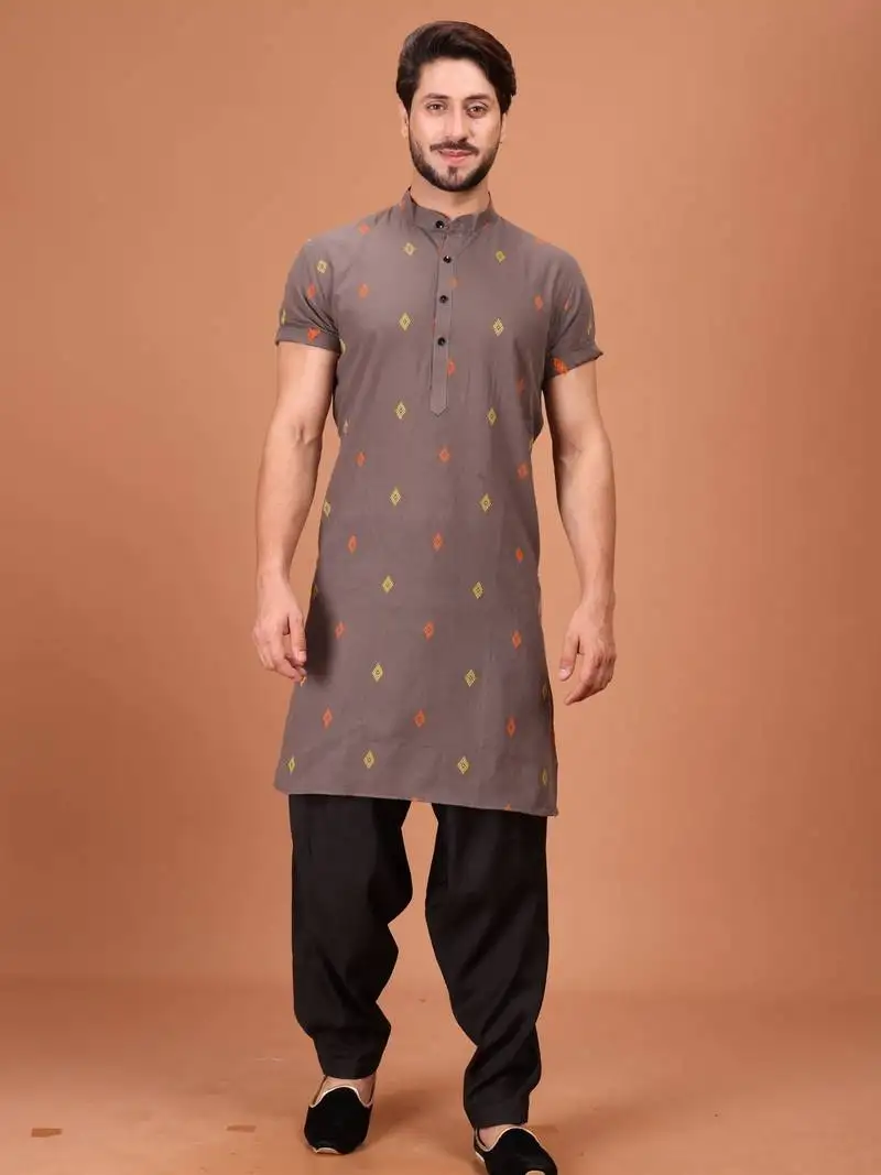 Brown cotton half sleeves pathani set for mens