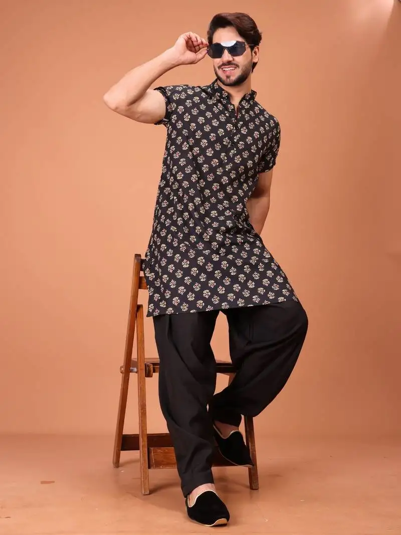 Black silk half sleeves pathani set for mens