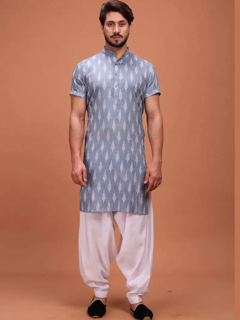 Grey silk half sleeves pathani set for mens