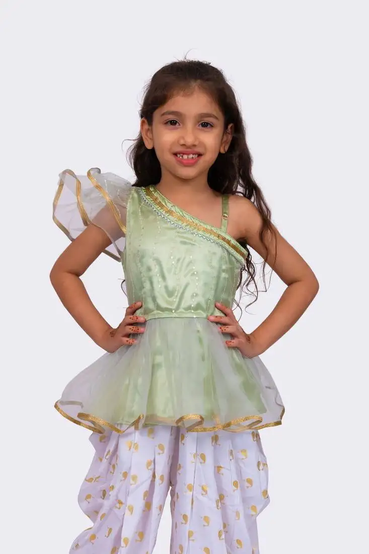 Olive green & white sleeveless polyester one shoulder embellished top with dhoti