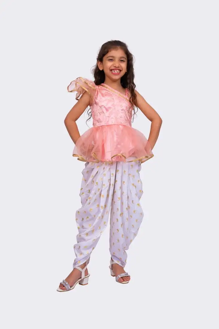 Peach & white sleeveless polyester one shoulder embellished top with dhoti