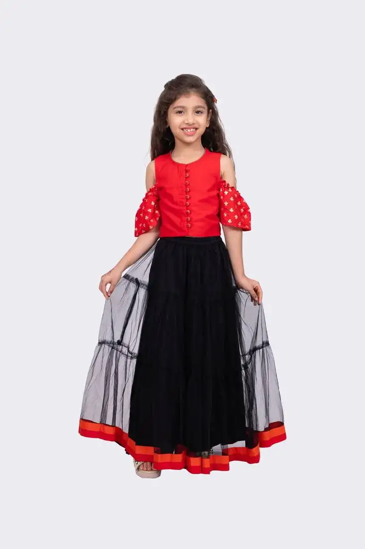 Red & black sleeveless round neck cold shoulder choli with lehenga