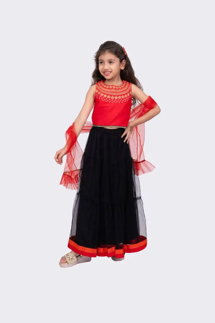 Red & black sleeveless embroidered round neck choli with lehenga