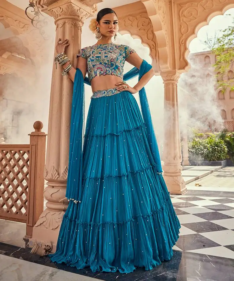 Blue cotton embroidered lehenga with & dupatta