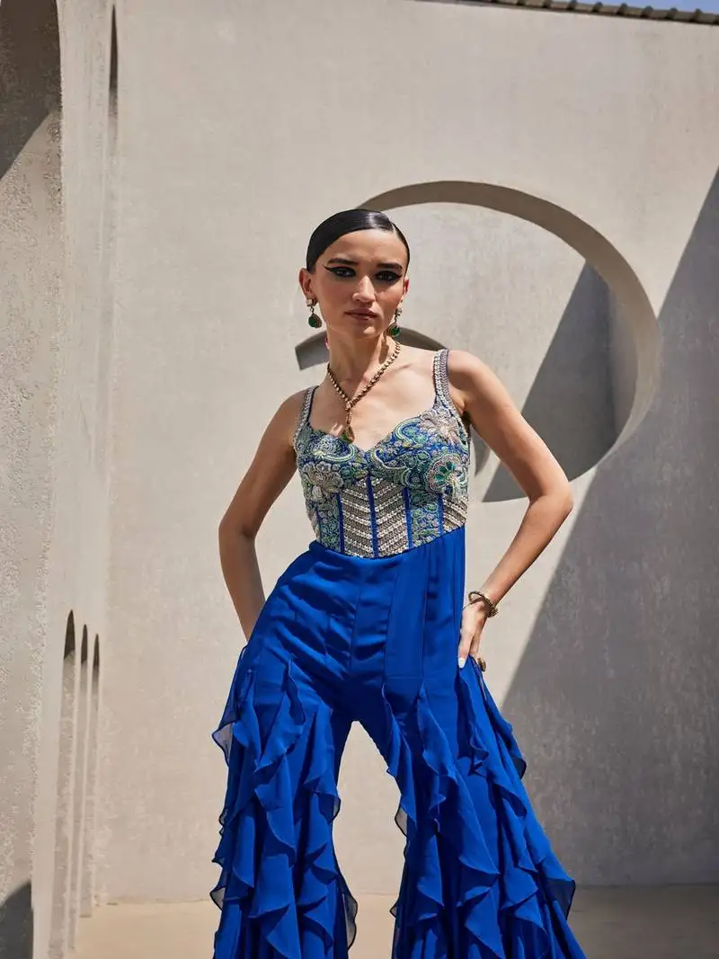 Blue georgette silk embroidered jumpsuit