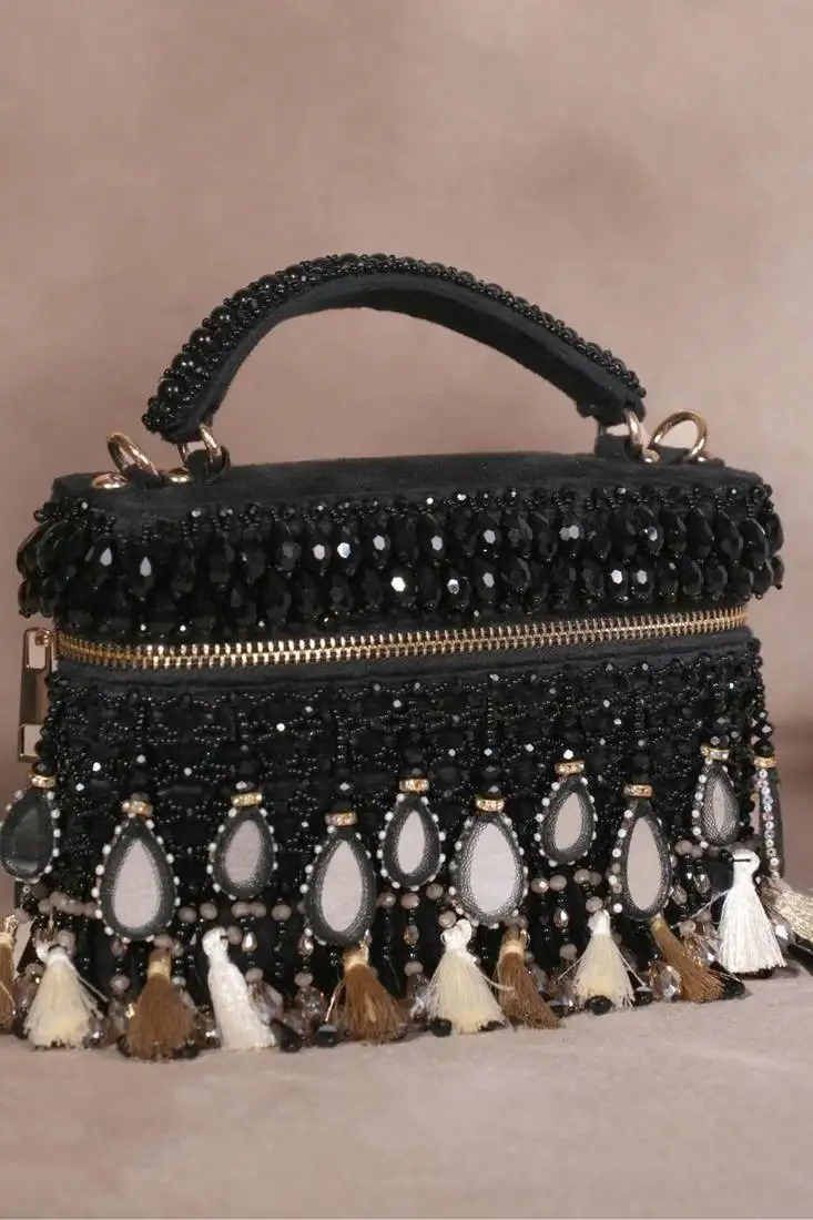 Mirage black mirrorwork embellished vanity bag