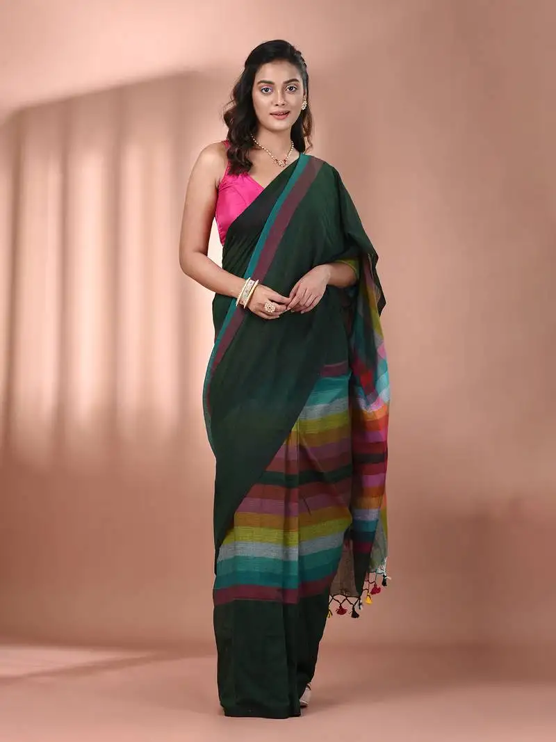 Green and multicolor colorblocked mulmul cotton saree without blouse