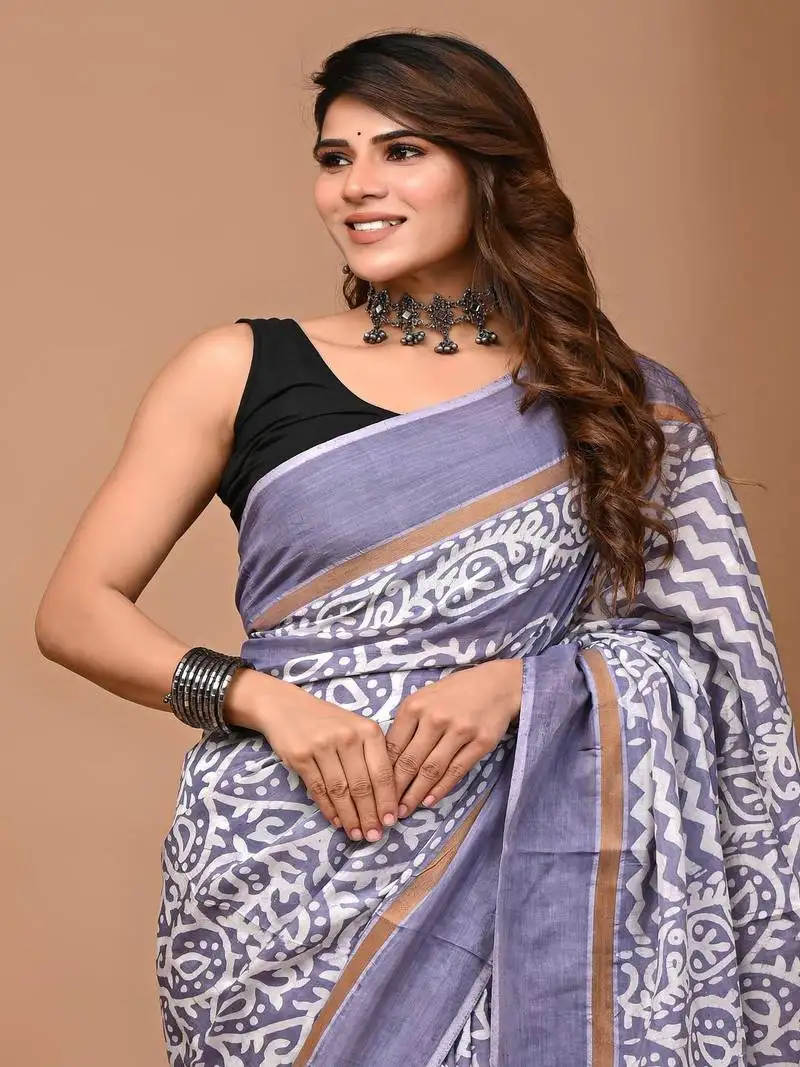 Grey hand block printed natural dye cotton silk saree with blouse piece