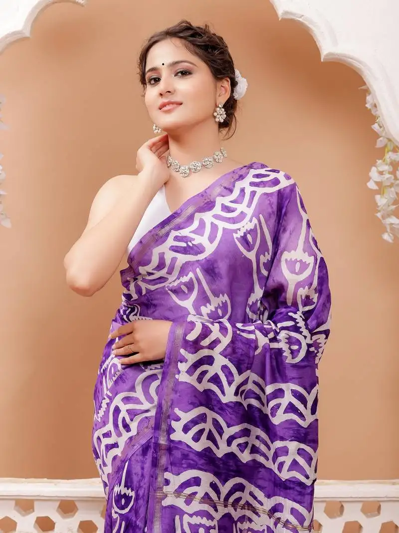 Purple batik print chanderi saree with blouse piece