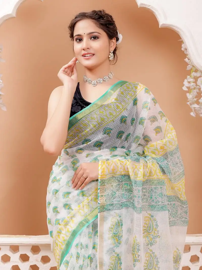 Green rapid block print kota doria saree with blouse piece