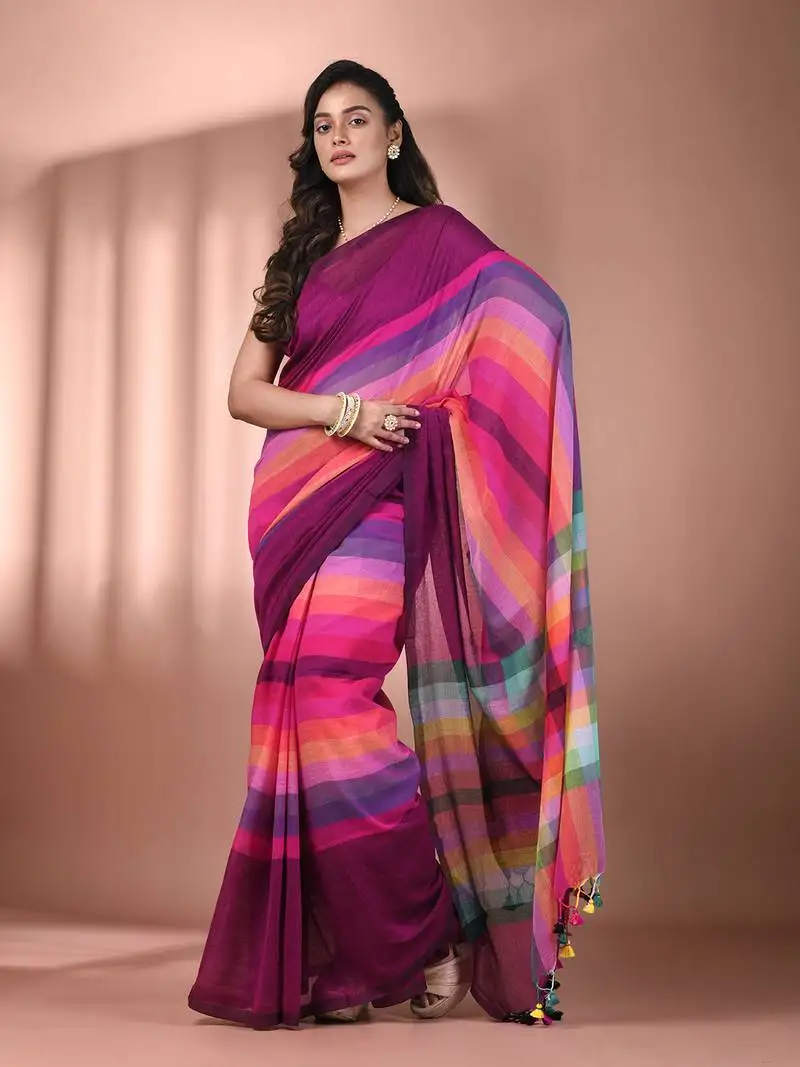 Magenta and multicolor colorblocked mulmul cotton saree without blouse