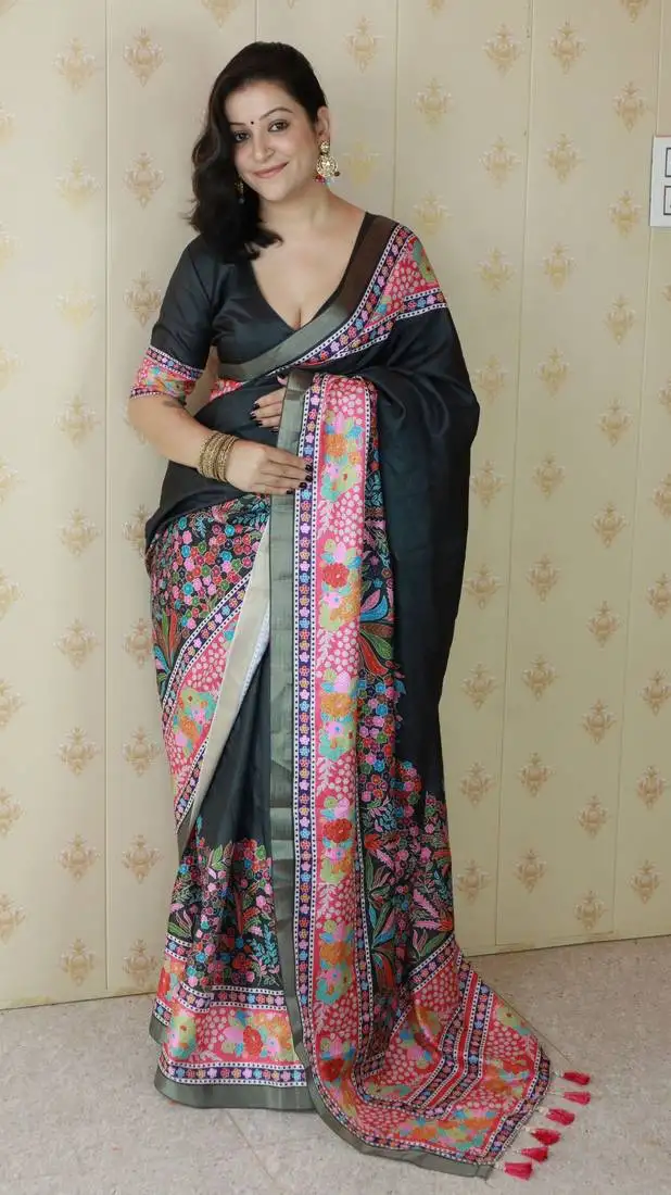 Black tussar silk blend zari woven printed saree