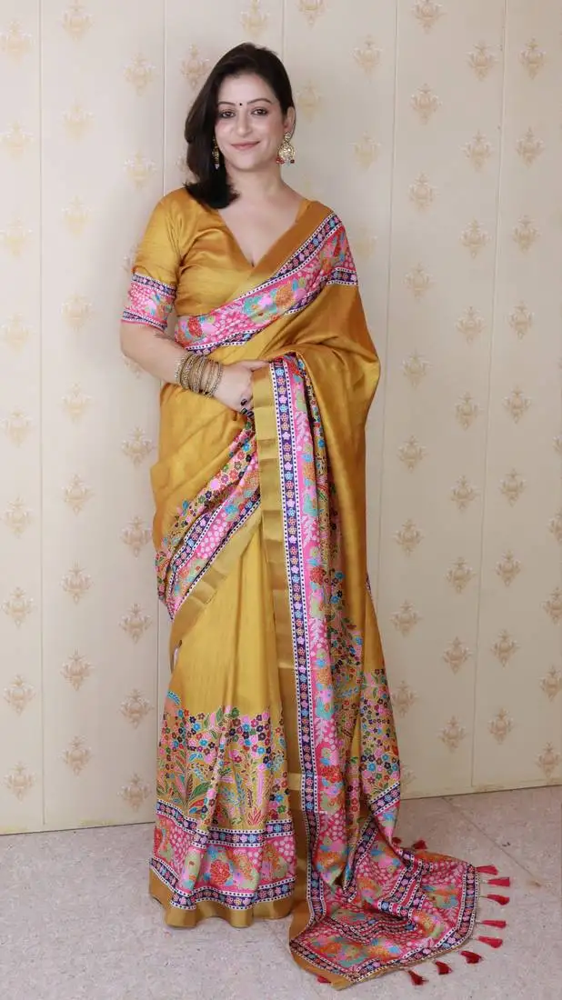Yellow tussar silk blend zari woven printed saree